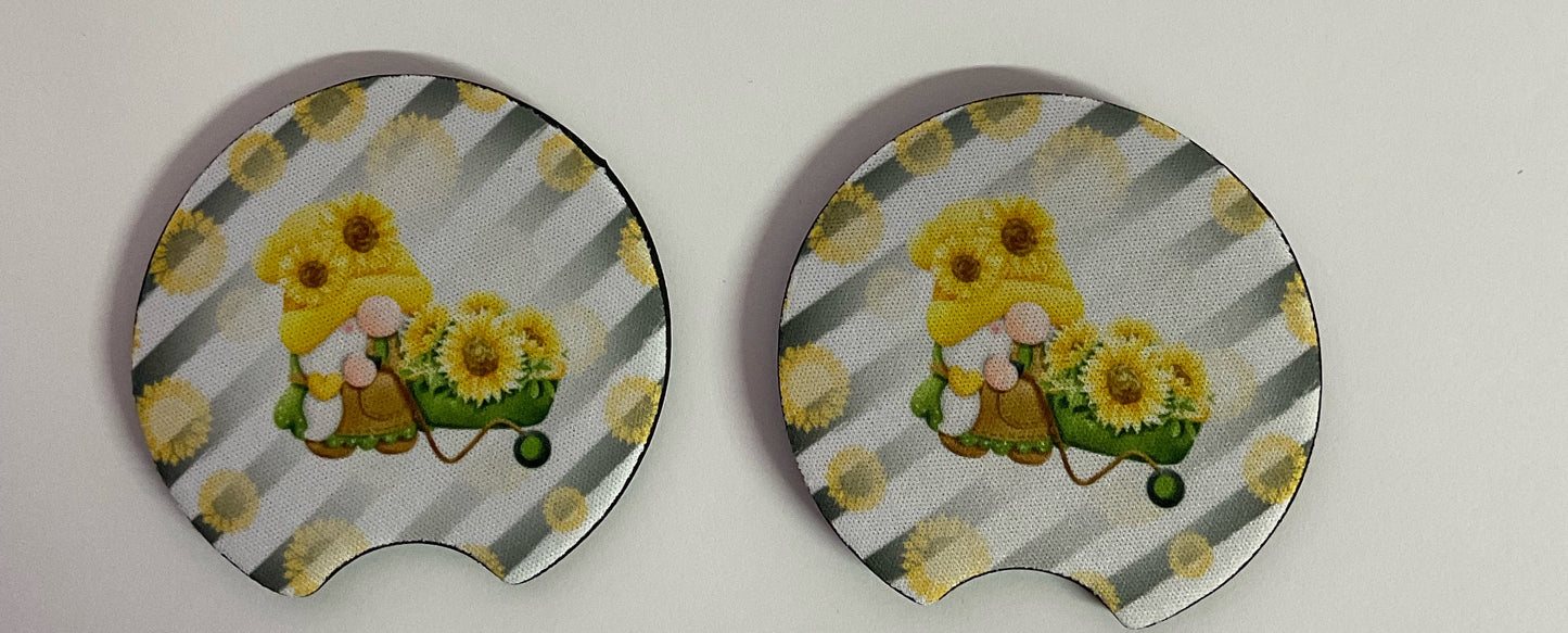 Gnome sunflower wheelbarrow car coaster