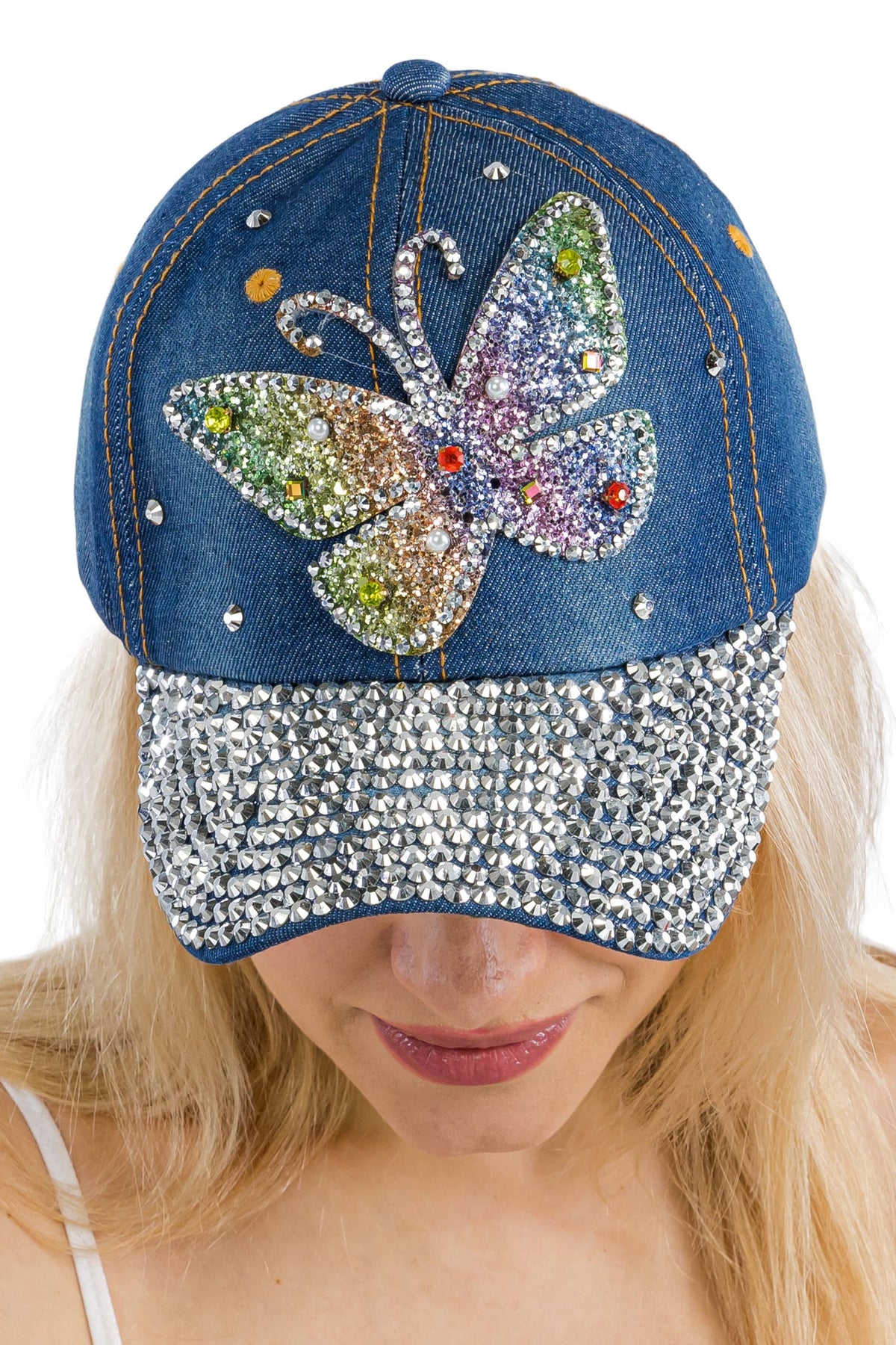 Butterfly Rainbow Shimmer Bling Denim Baseball Cap