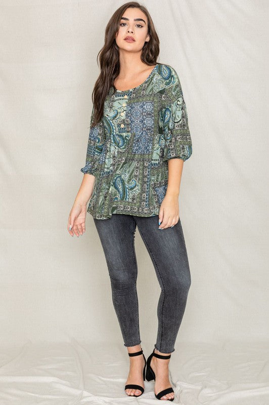 Button Accent Paisley Top