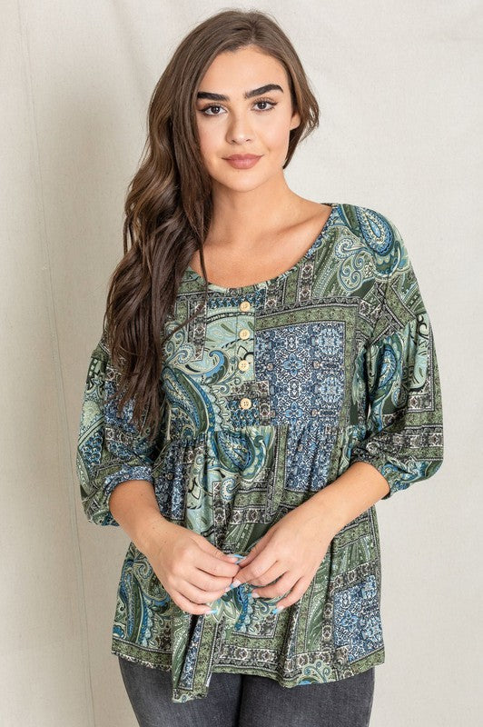 Button Accent Paisley Top