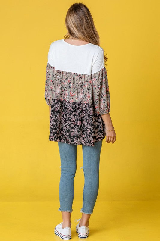 Three Tiered  Bishop Sleeve Paisley Floral Tunic