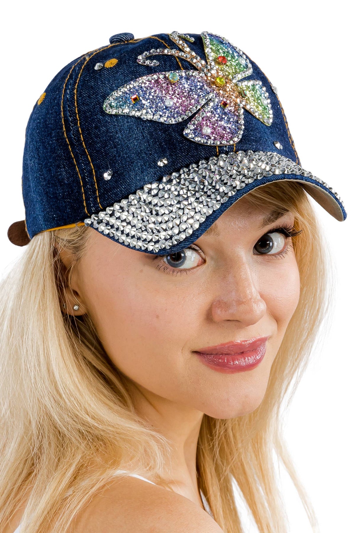 Butterfly Rainbow Shimmer Bling Denim Baseball Cap