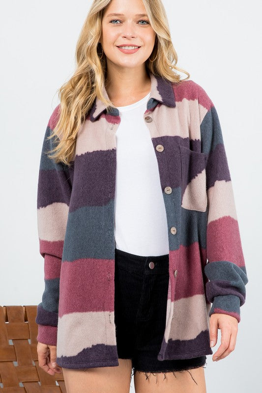 FUZZY STRIPE BUTTON DOWN SHACKET