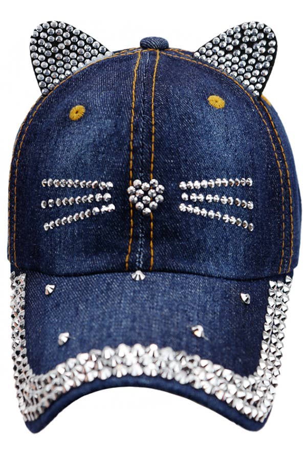 Kitty Cat Bling Ear Whisker Denim Baseball Cap