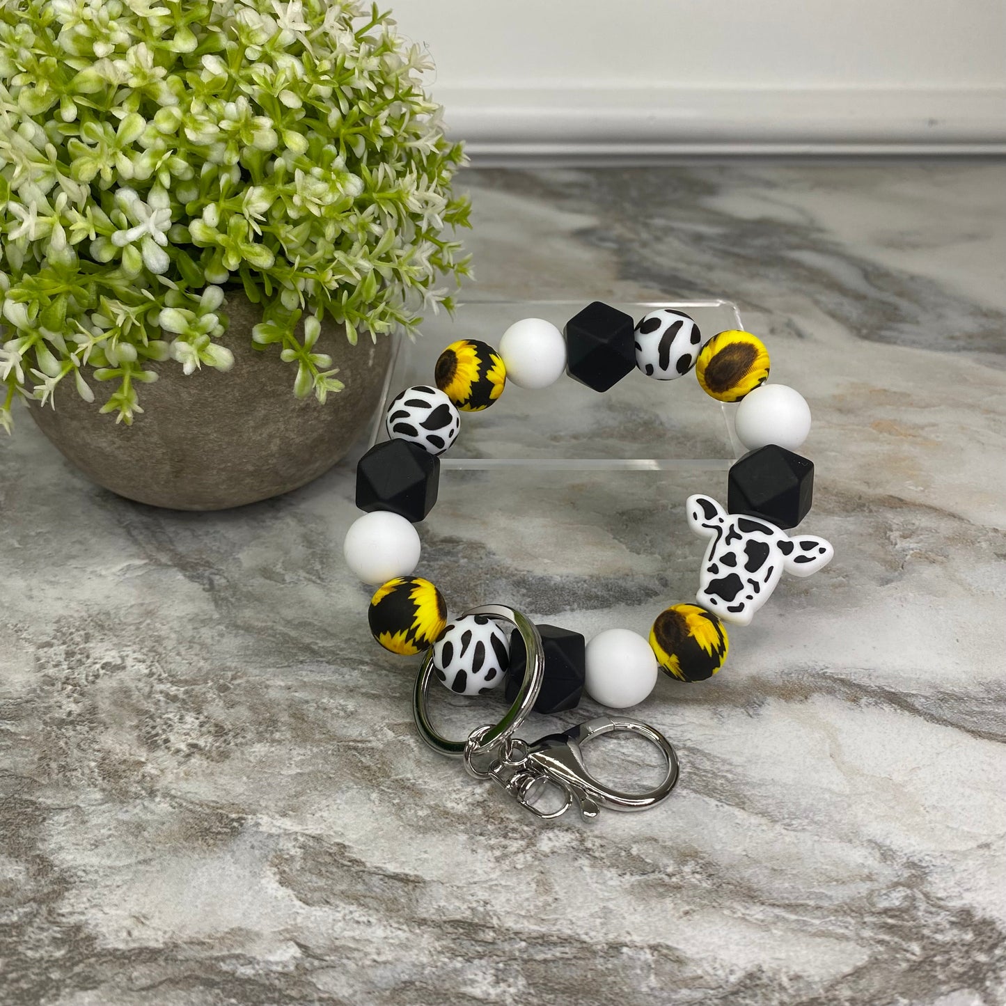 Silicone Bead Bracelet Keychain - Cow Designs