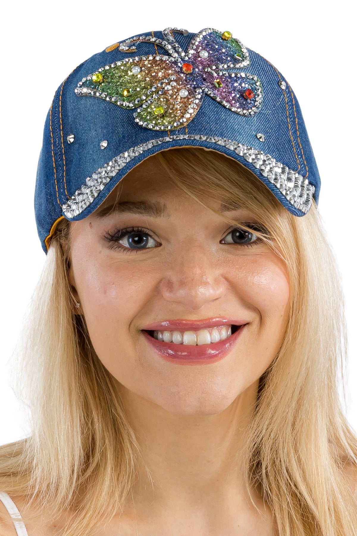 Butterfly Rainbow Shimmer Bling Denim Baseball Cap