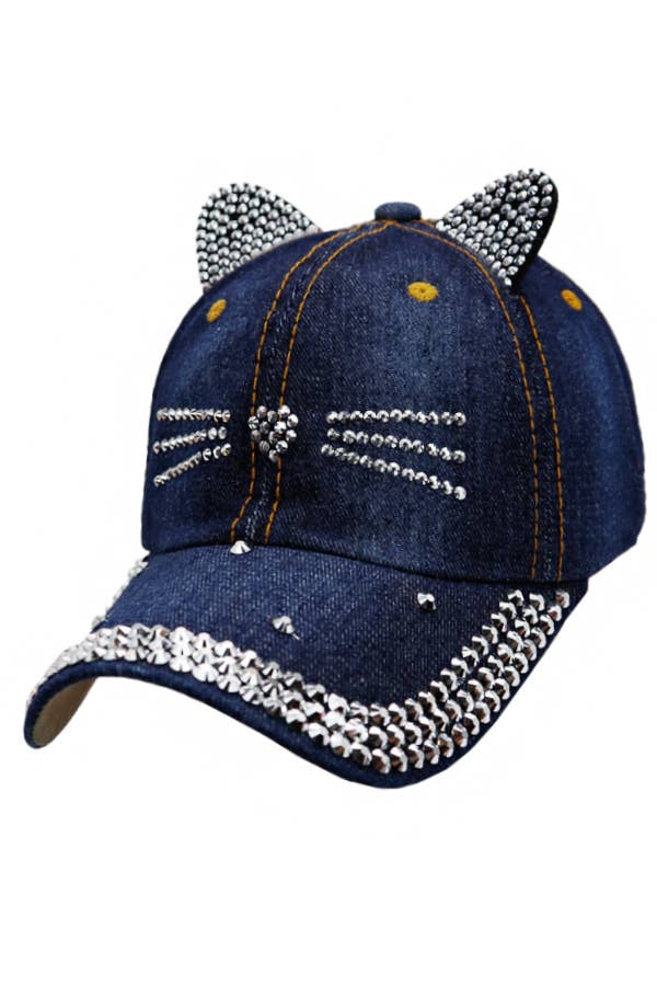 Kitty Cat Bling Ear Whisker Denim Baseball Cap