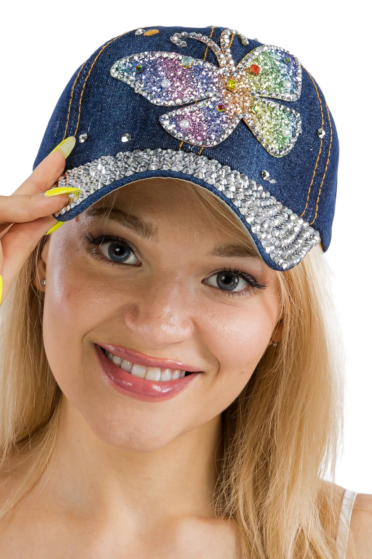 Butterfly Rainbow Shimmer Bling Denim Baseball Cap