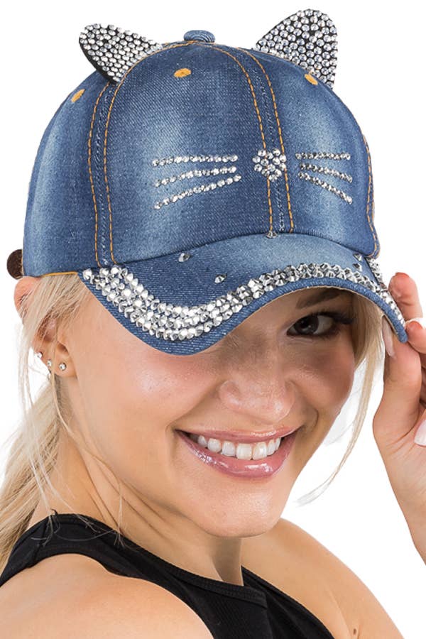 Kitty Cat Bling Ear Whisker Denim Baseball Cap