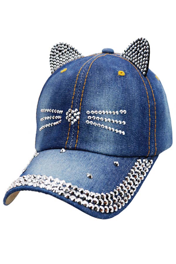 Kitty Cat Bling Ear Whisker Denim Baseball Cap