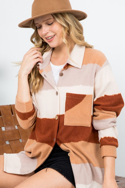 PLUS FUZZY STRIPE BUTTON DOWN SHACKET