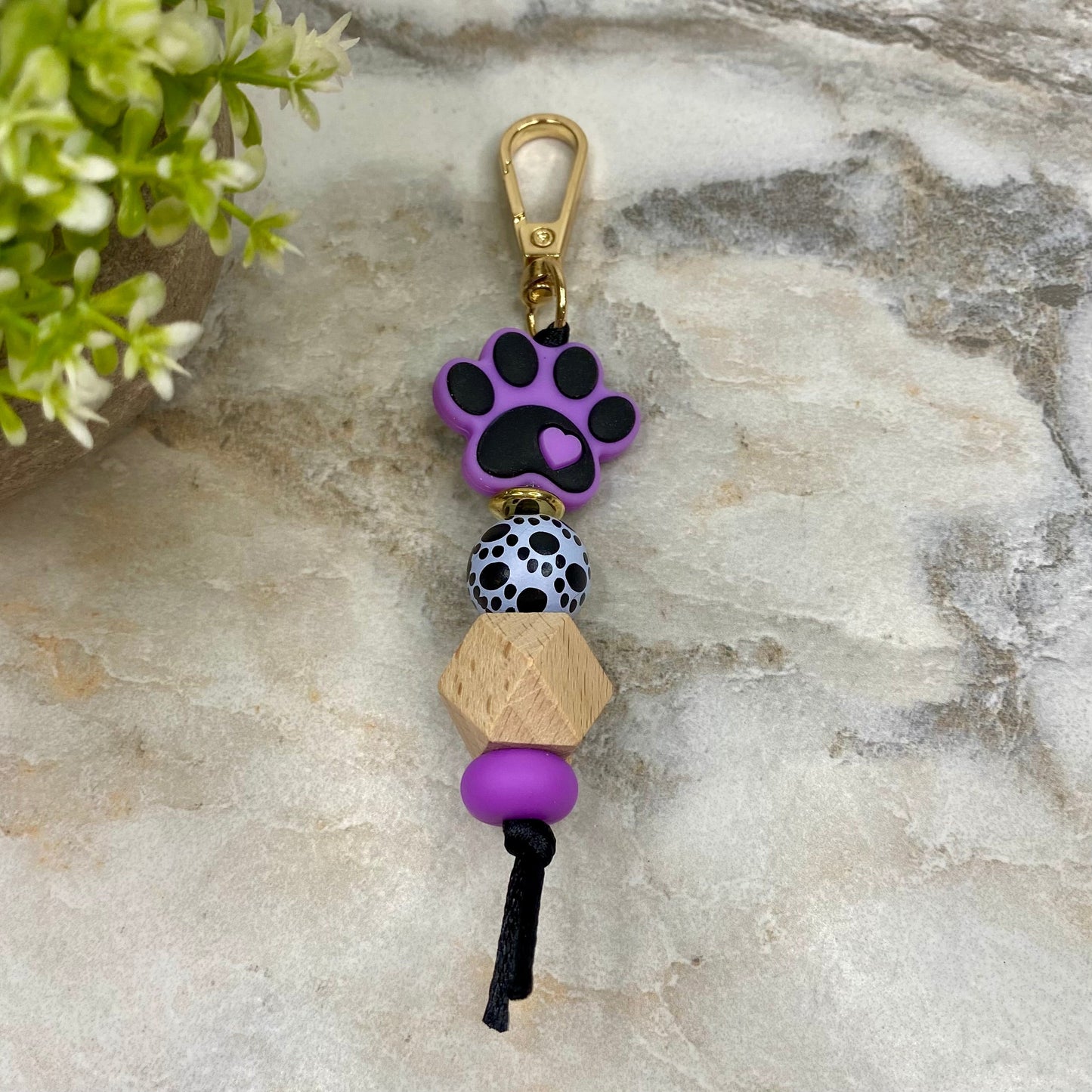 Keychain - Silicone & Wood Bead - Purple Paw