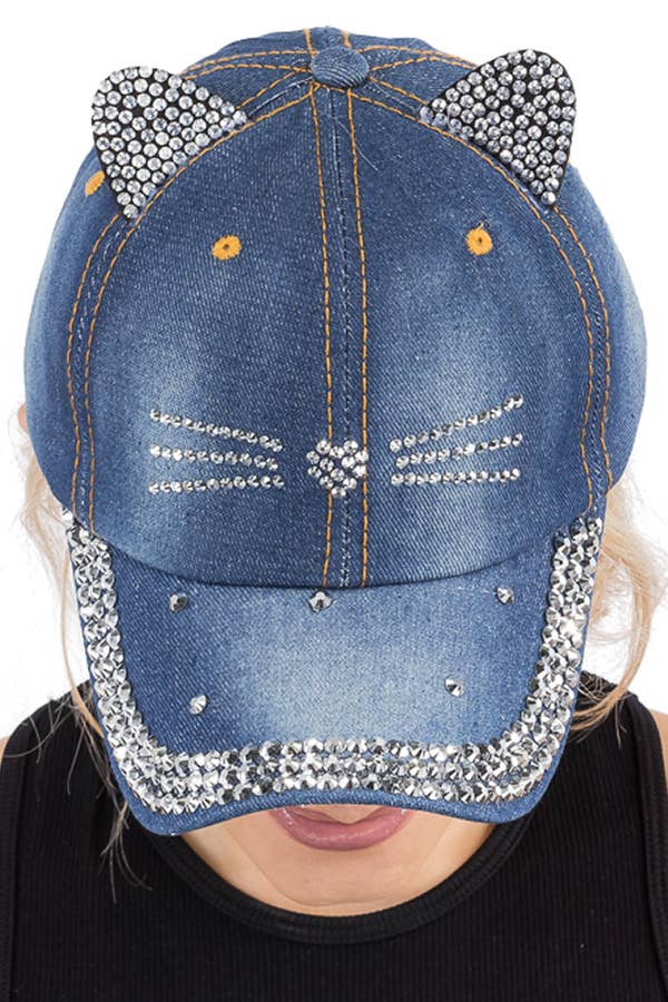 Kitty Cat Bling Ear Whisker Denim Baseball Cap
