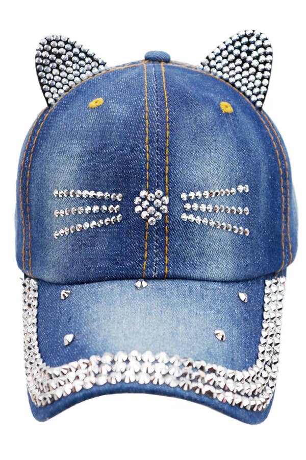 Kitty Cat Bling Ear Whisker Denim Baseball Cap