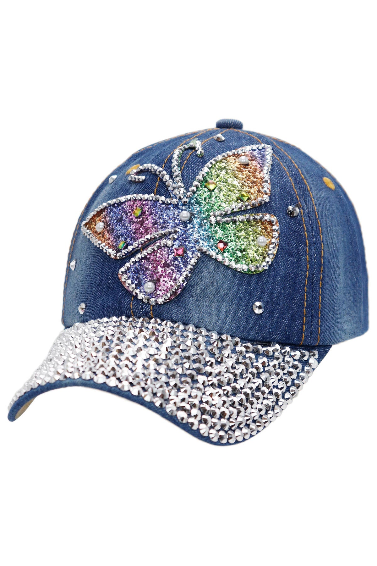 Butterfly Rainbow Shimmer Bling Denim Baseball Cap