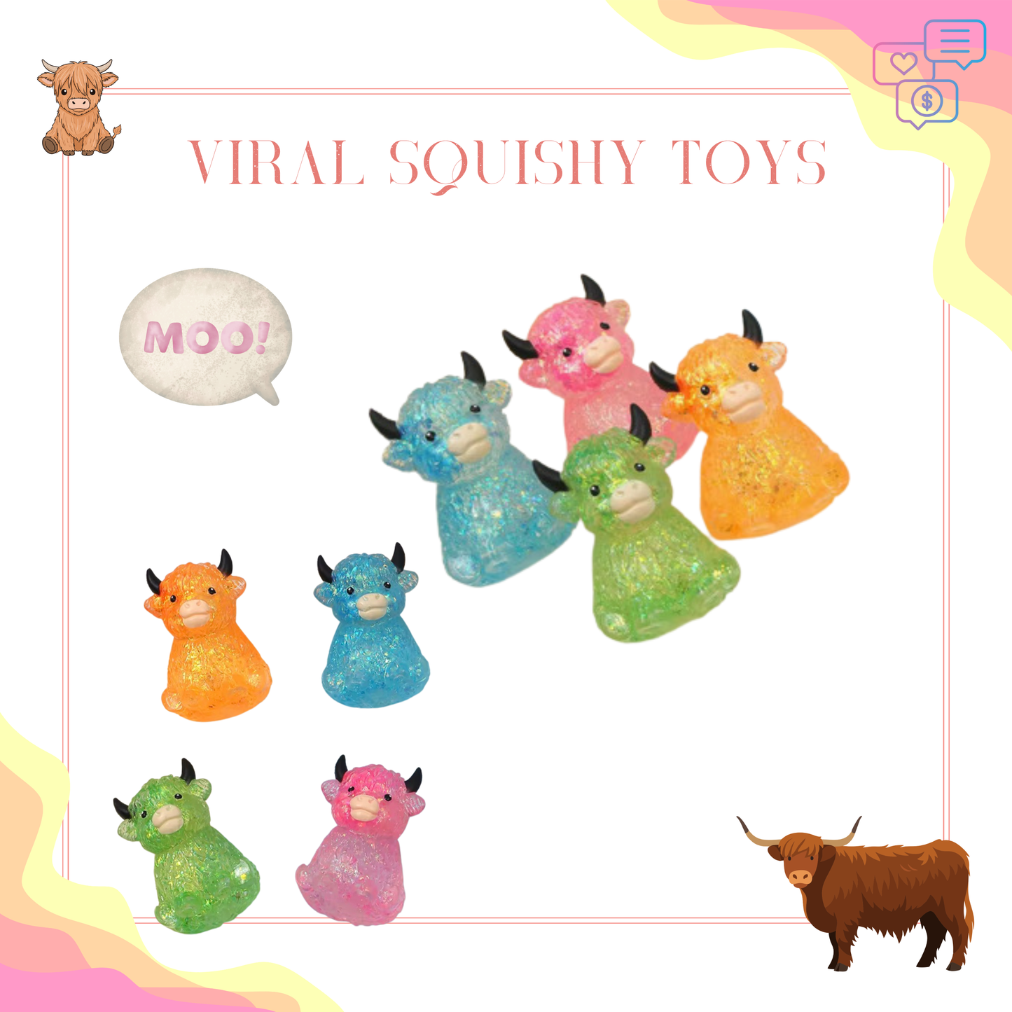 Squishy Toy - Glitter Highland Cow