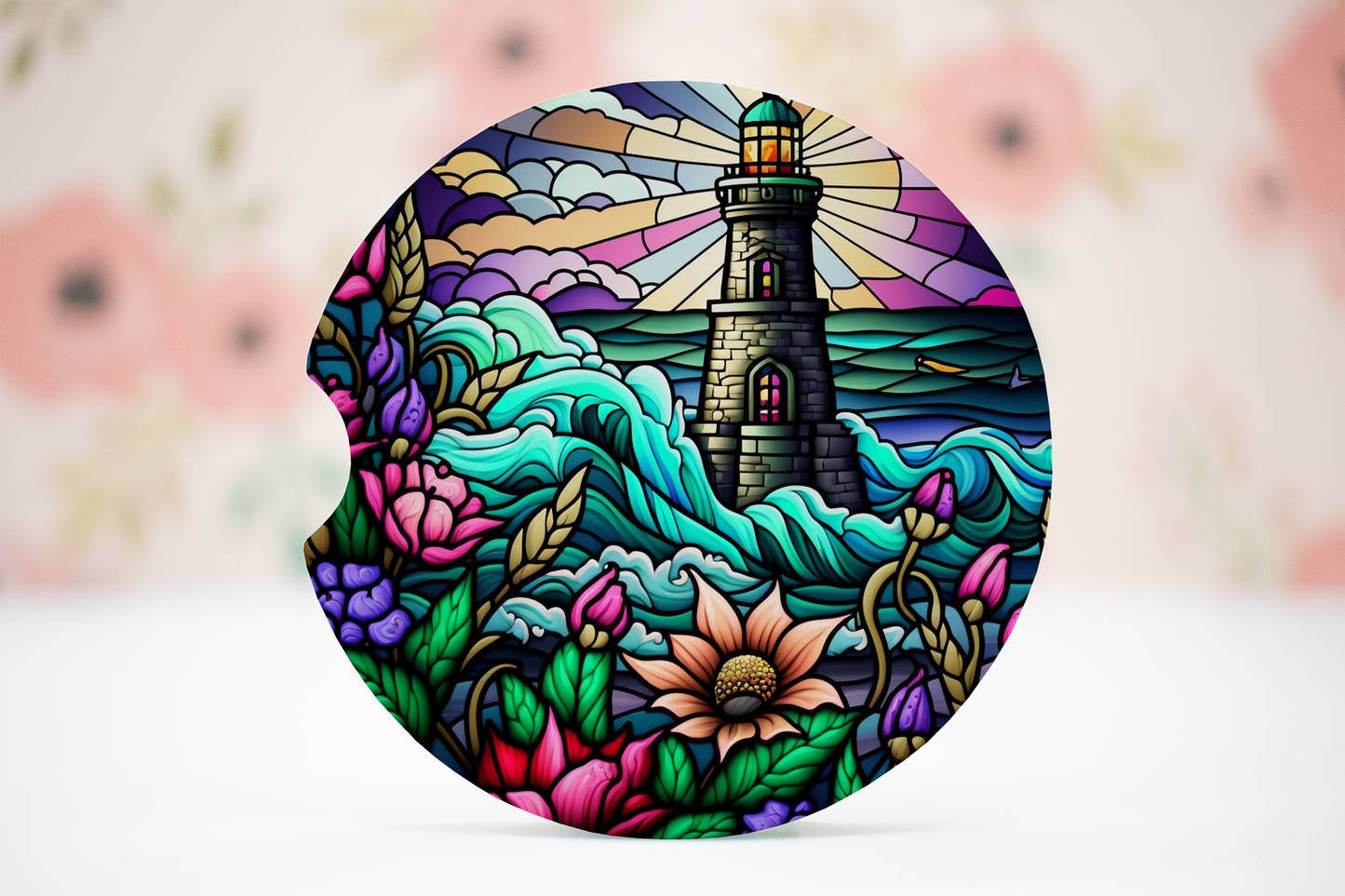 stain-glass lighthouse 359 car coaster