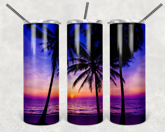 Purple sunset beach with palms tumbler