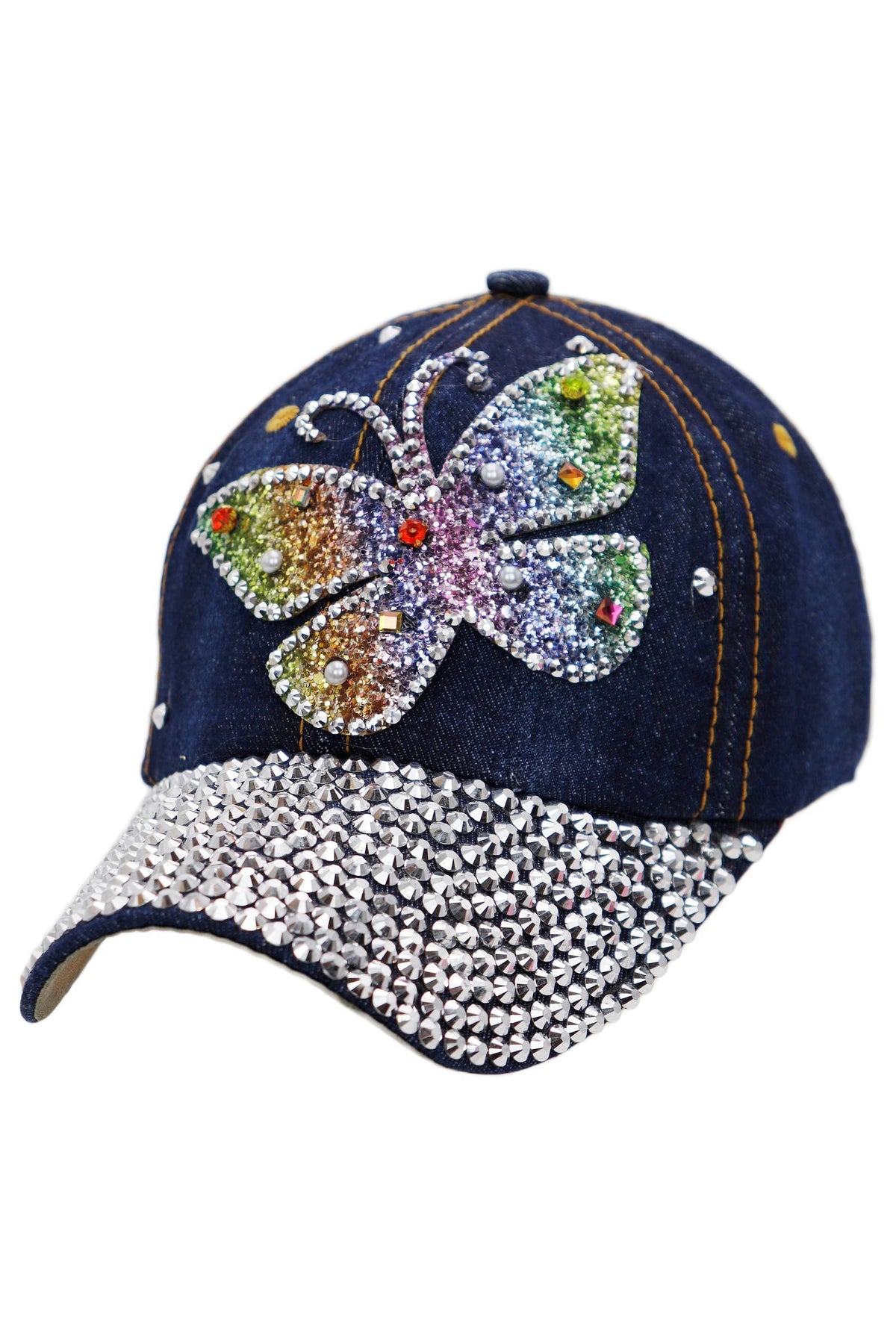 Butterfly Rainbow Shimmer Bling Denim Baseball Cap