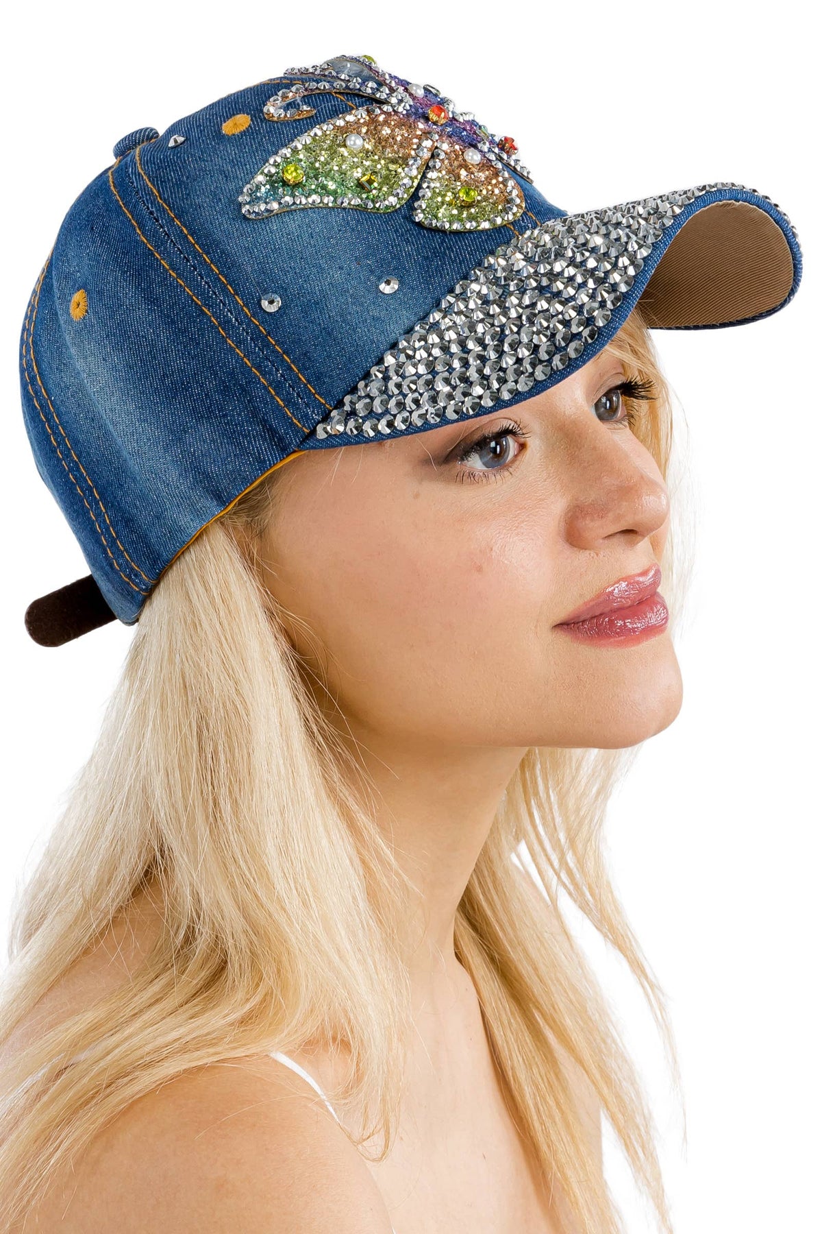 Butterfly Rainbow Shimmer Bling Denim Baseball Cap