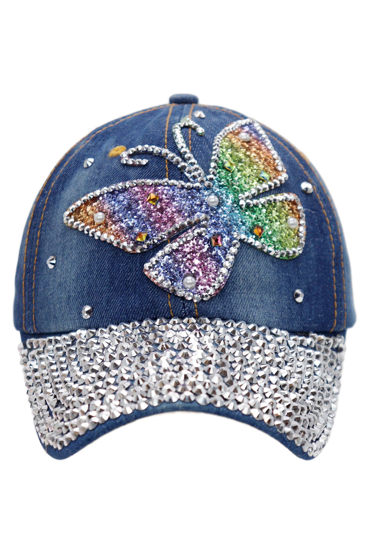 Butterfly Rainbow Shimmer Bling Denim Baseball Cap