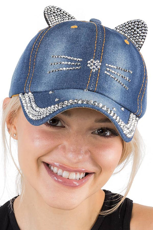 Kitty Cat Bling Ear Whisker Denim Baseball Cap