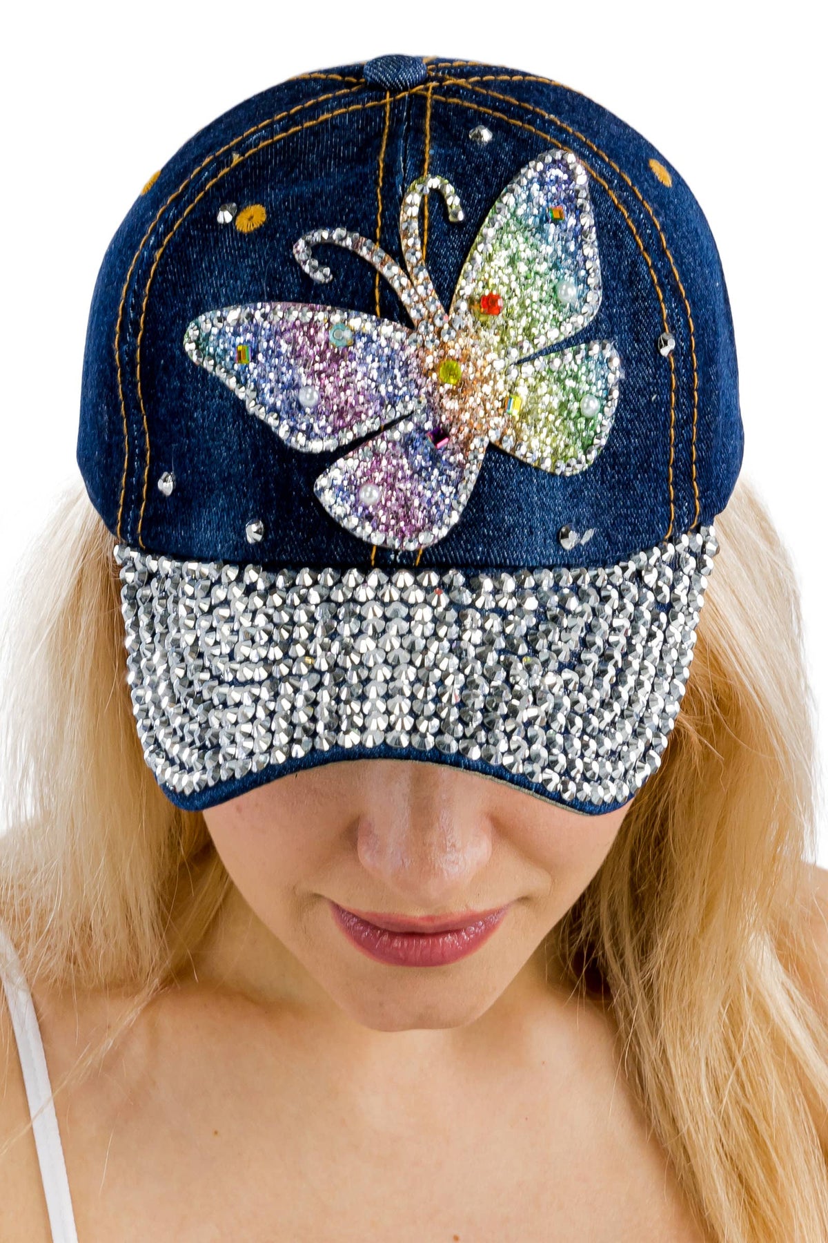 Butterfly Rainbow Shimmer Bling Denim Baseball Cap