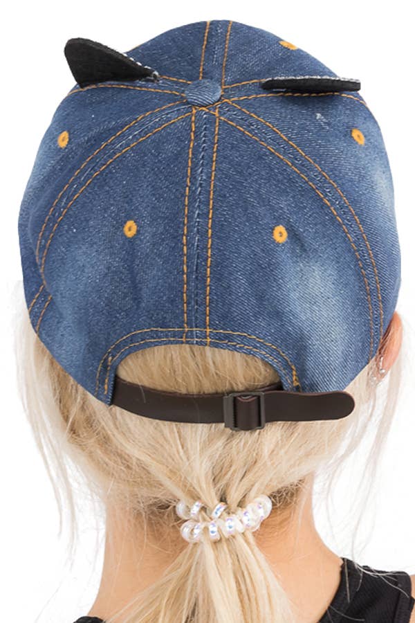 Kitty Cat Bling Ear Whisker Denim Baseball Cap