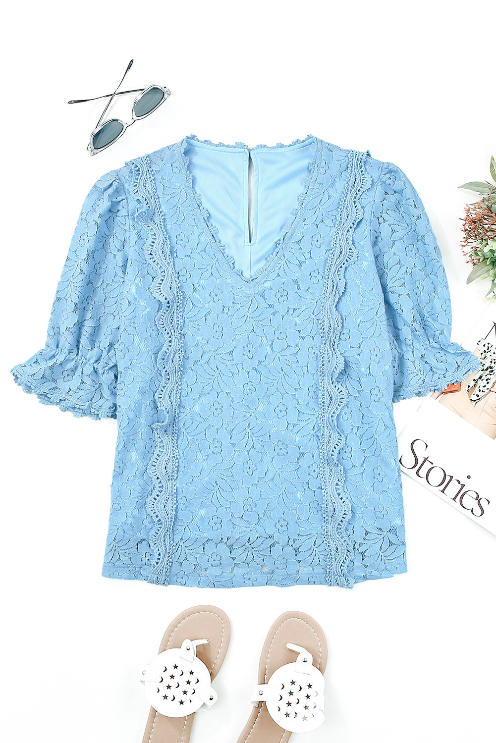 Lace V-Neck Flounce Sleeve Top