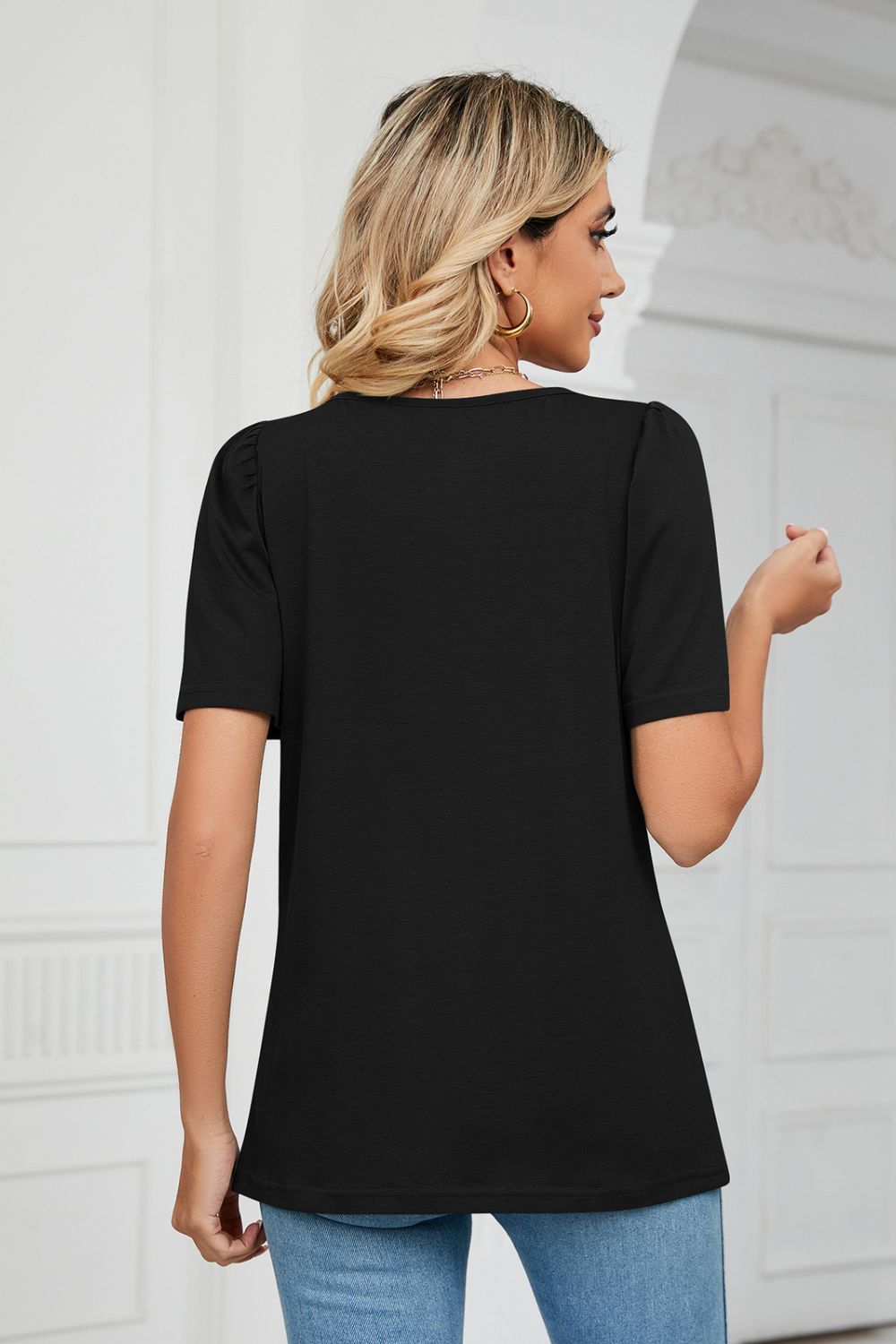 Square Neck Puff Sleeve Tee Shirt