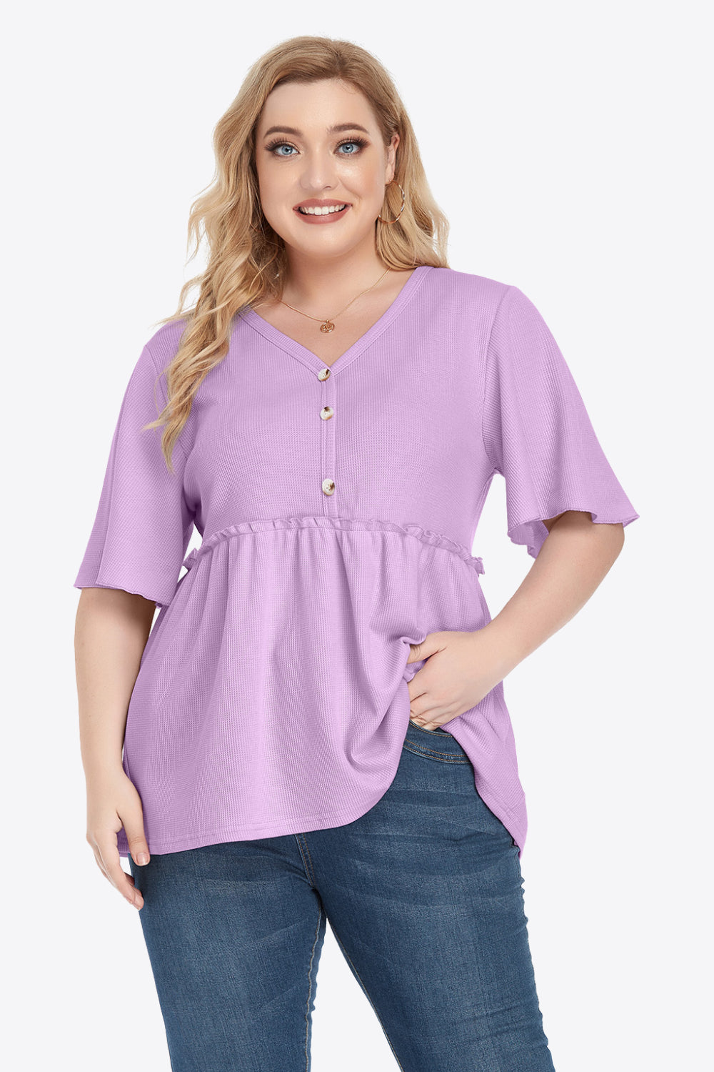 Plus Size Buttoned V-Neck Frill Trim Babydoll Blouse