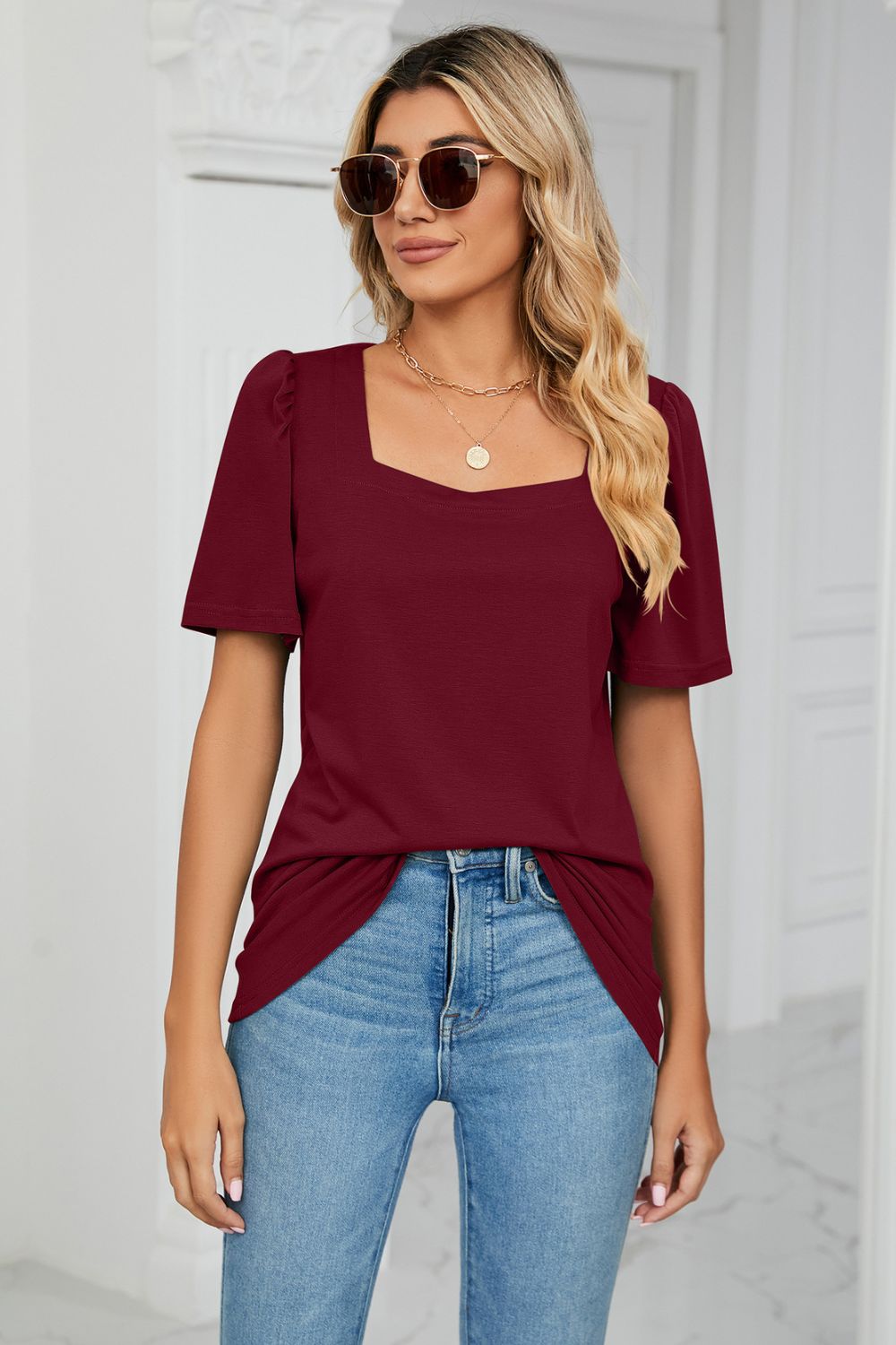 Square Neck Puff Sleeve Tee Shirt