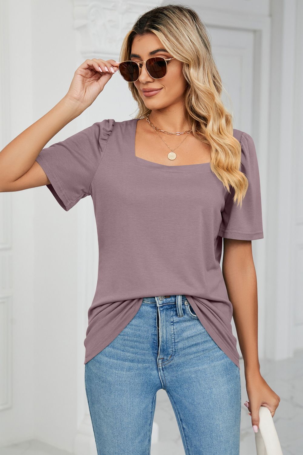 Square Neck Puff Sleeve Tee Shirt