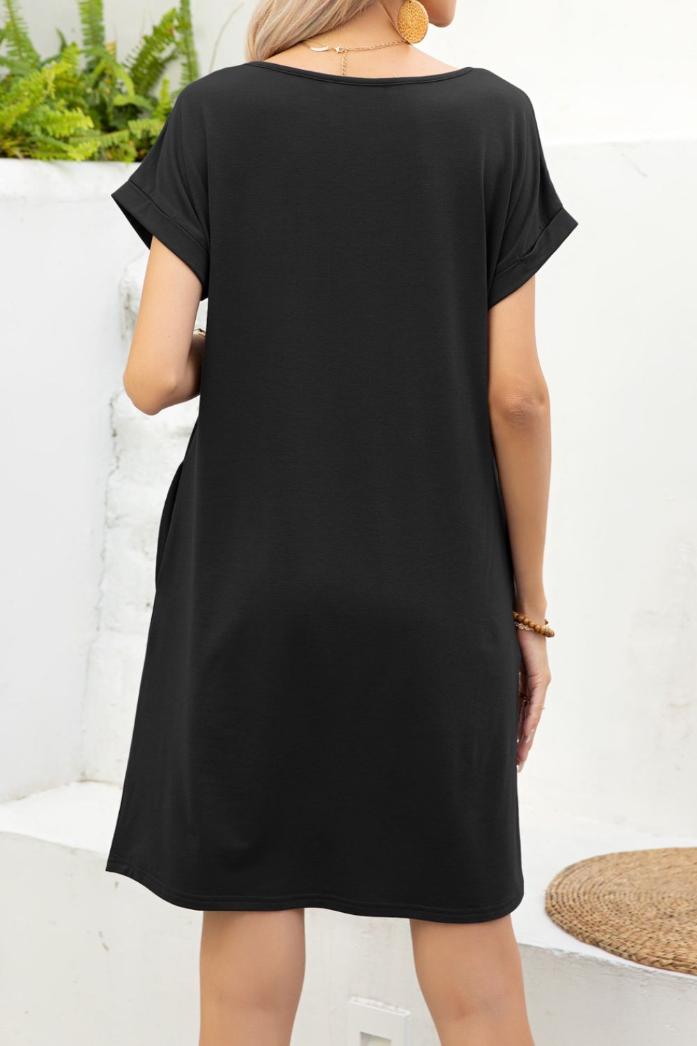 Scoop Neck Short Sleeve Pocket Dress