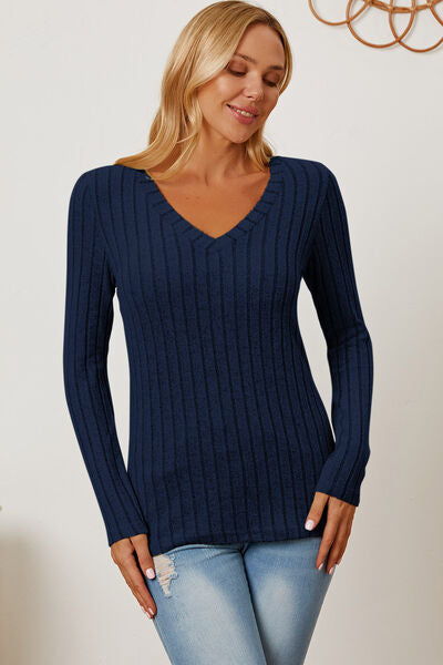 Basic Bae Full Size Ribbed V-Neck Long Sleeve T-Shirt