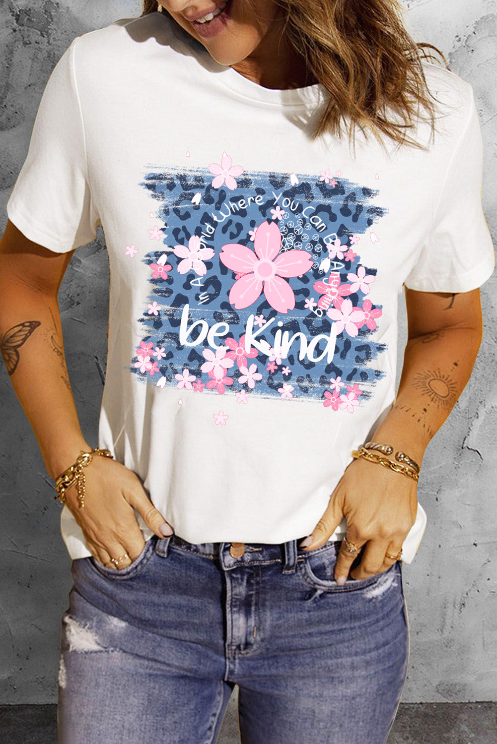 Leopard Floral Graphic Round Neck Tee