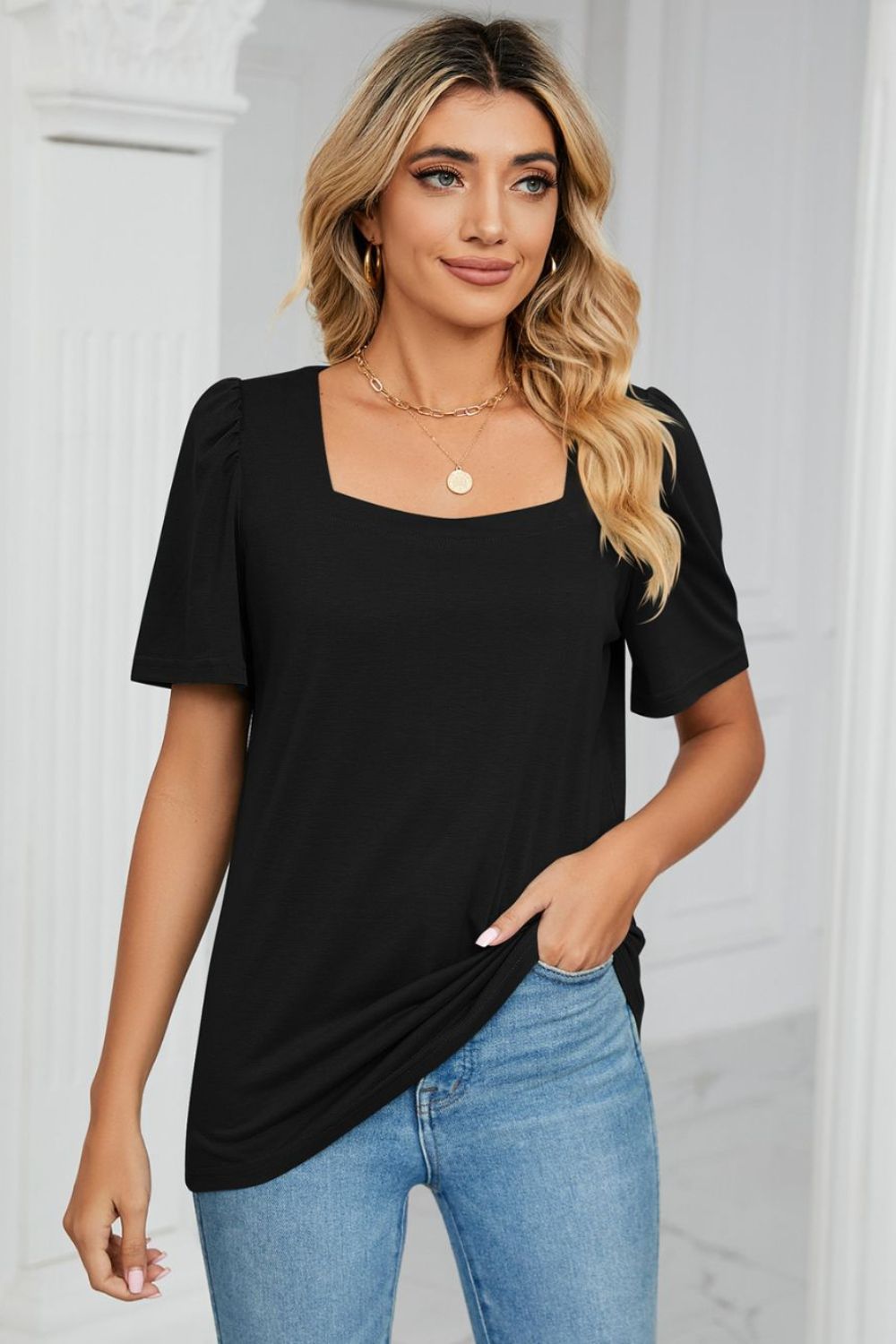 Square Neck Puff Sleeve Tee Shirt