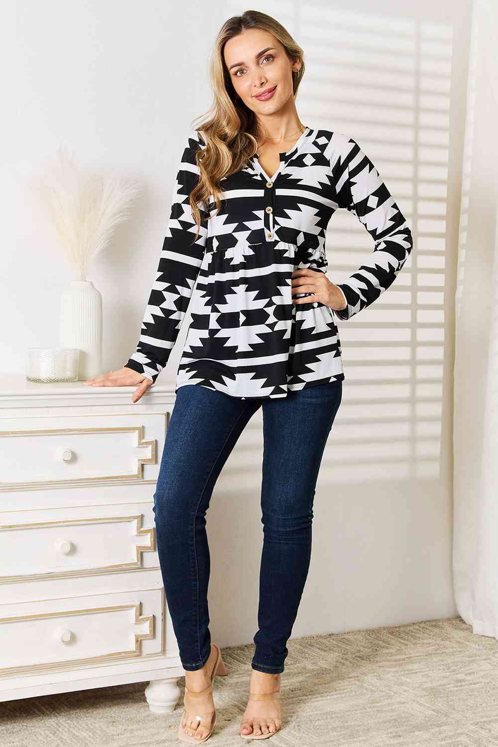 Heimish Full Size Geometric Notched Neck Long Sleeve Top