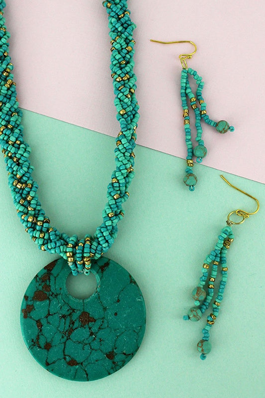 Turquoise Braided Seed Bead Stone Pendant Necklace & Earring Set