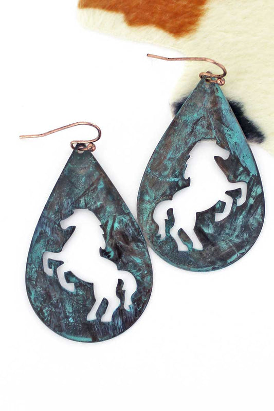 Patina cut-out horse teardrop earrings