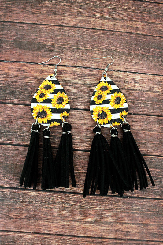 Sunflower wood teardrop black fringe earrings